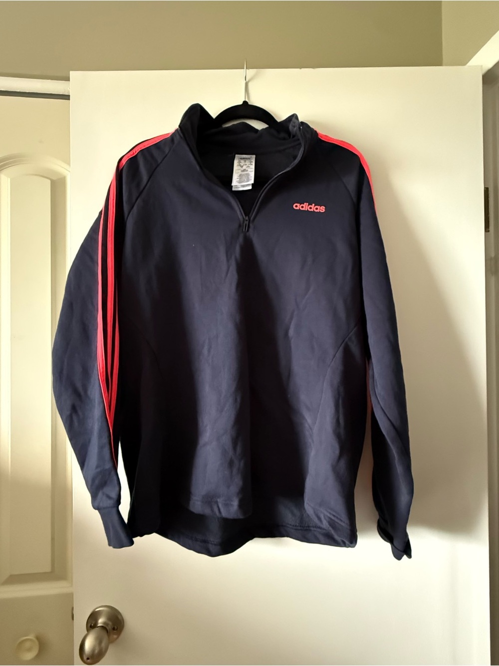 adidas Women’s Navy Half-Zip Pullover with coral stripes Detail